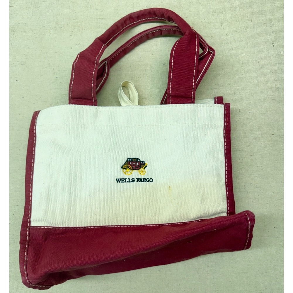 Wells Fargo Mini Boat Tote Bag Canvas Burgundy Cream Stagecoach Small Handbag